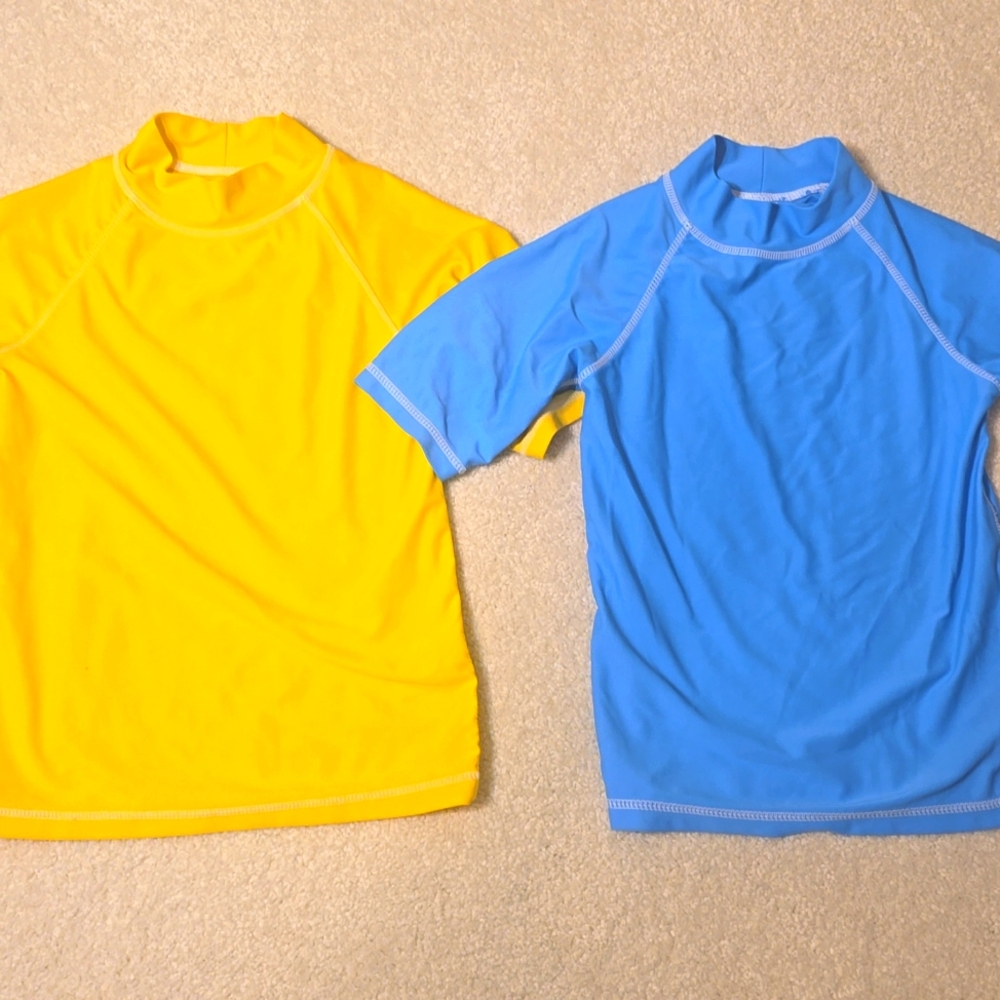 2 UVSkinz Size 8 Short Sleeve Sun & Swim Shirts Cyber Yellow & Ocean Blue